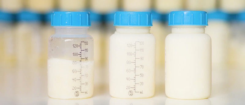 Row of human breast milk bottles in a hospital setting, showing the vital nutrition used for infant feeding and fortification.