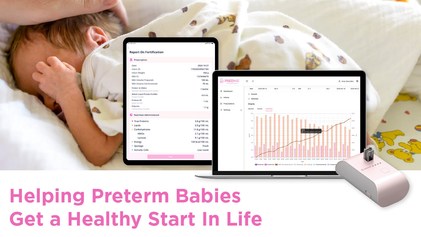 The Preemie System showing the handheld sensor for milk analysis and the companion software dashboard for fortification management and growth tracking.