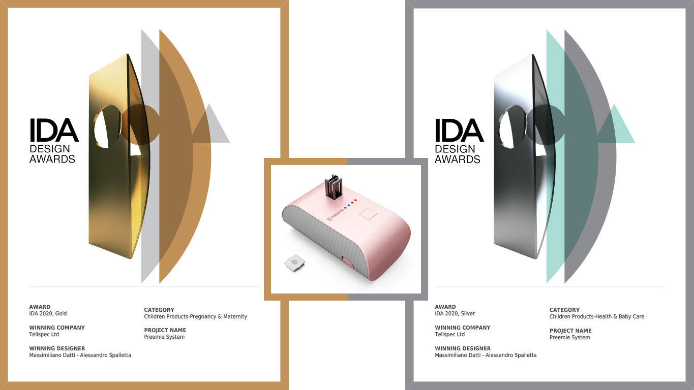 The Preemie Sensor human milk analyzer alongside its International Design Awards (IDA) Gold and Silver trophies for exceptional product design.
