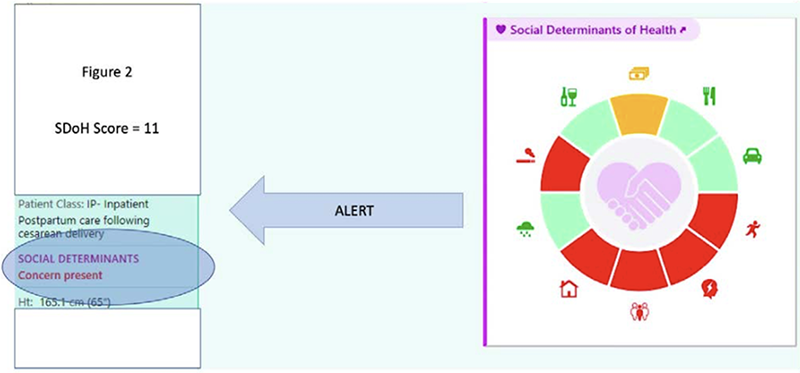 Social Determinants of Health (SDoH) dashboard within an electronic health record, showing visual alerts for factors like financial strain and housing stability.