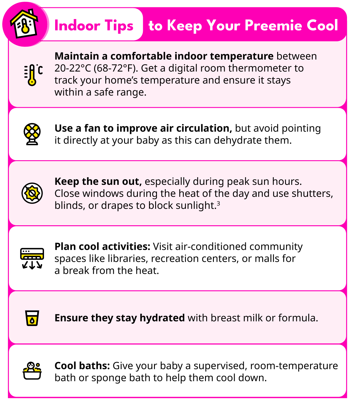 Checklist for keeping a preemie cool indoors: maintaining room temperature of 20-22°C, using fans indirectly, and offering cool baths.