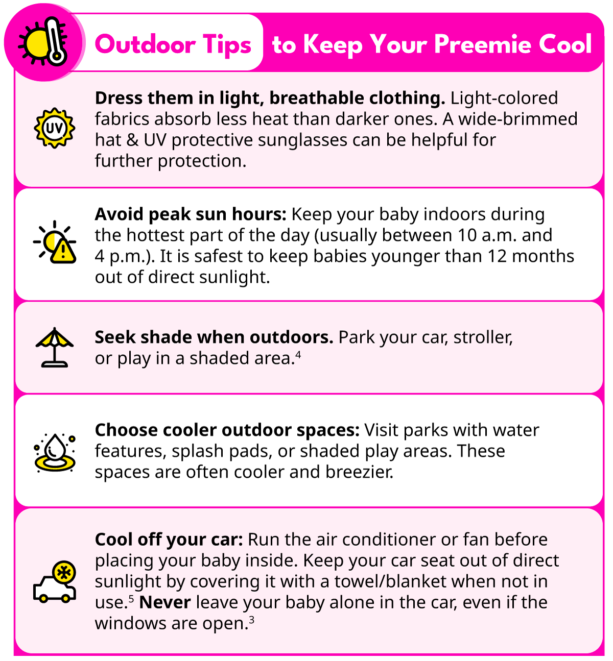 Infographic with outdoor summer safety tips for preemies: seeking shade, avoiding peak sun, and dressing in light, breathable clothing.