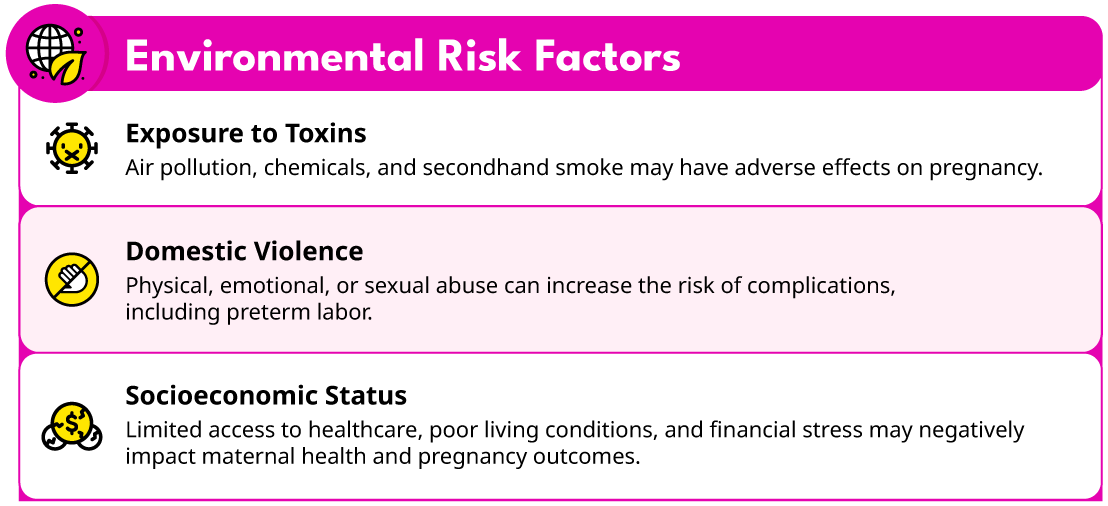 Illustration of environmental risks for preterm labor, including exposure to air pollution, toxins, and the impact of domestic violence.