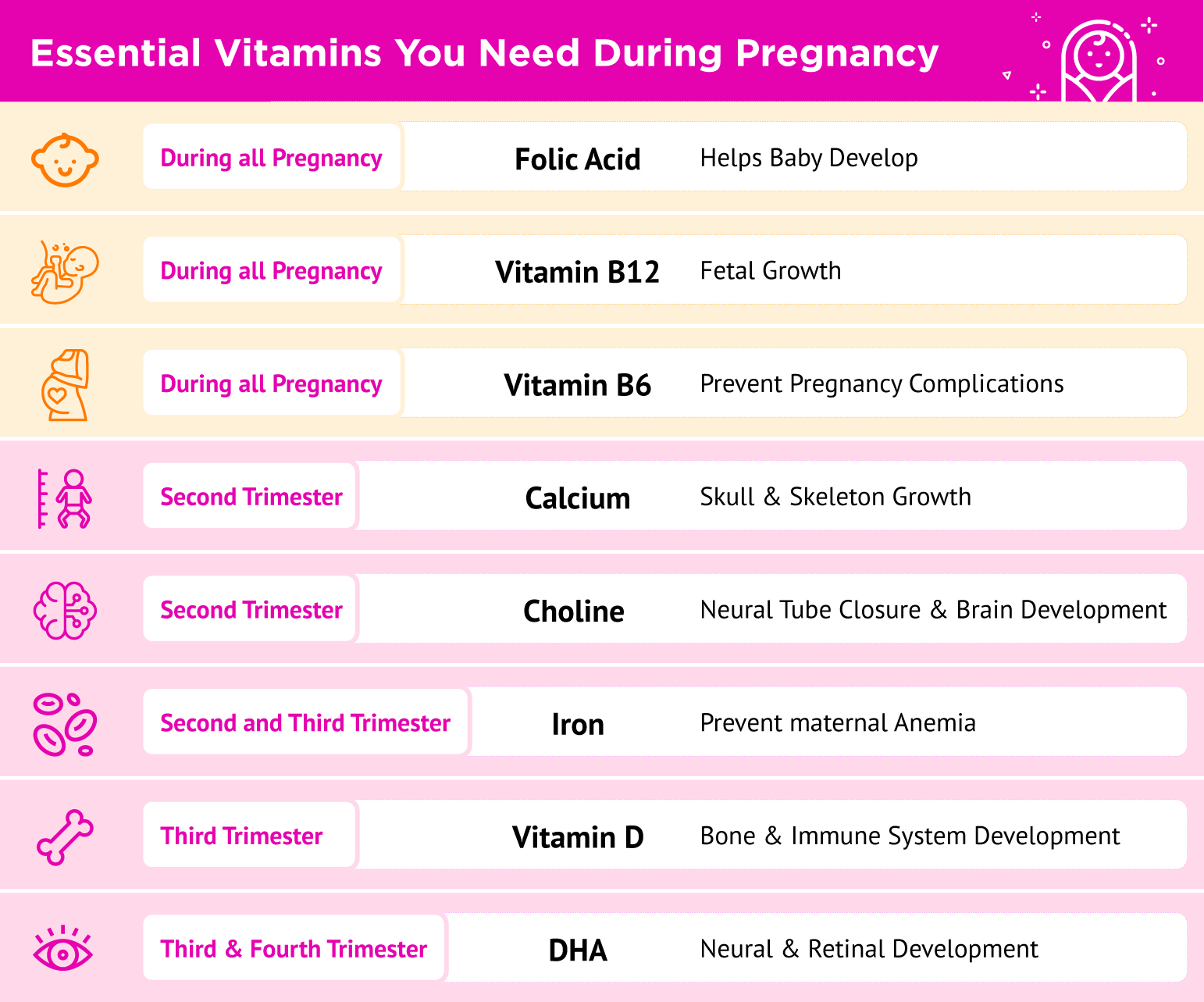 Infographic timeline of essential prenatal vitamins by trimester, including Folic Acid, Vitamin B12, Choline, Iron, Calcium, and Omega-3 DHA.