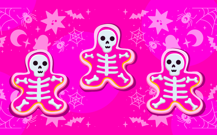 A playful Halloween-themed illustration of a skeletons, representing the theme of preemie bone health and osteopenia awareness.